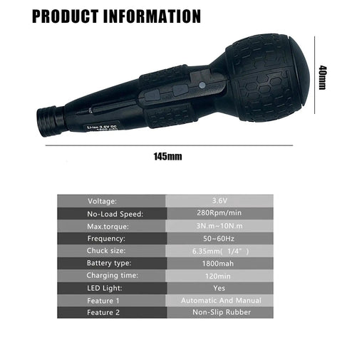 Compact 3.6V Cordless Electric Screwdriver With LED Light And USB C Charging, dimensions 145mm x 40mm, with product specs
