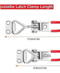 Six Pack Toggle Latch Clamps For Cabinets And Woodworking, Adjustable Hold-Down Clamps dimensions showing 11cm and 8.9cm lengths
