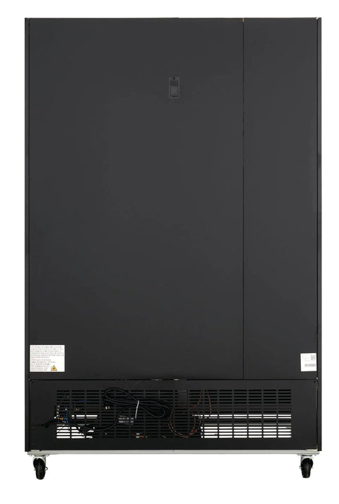 Heavy Duty Two Door Merchandising Freezer Featuring Slick Black Panels And A Generous 53 Inch Profile rear view with mobile casters.
