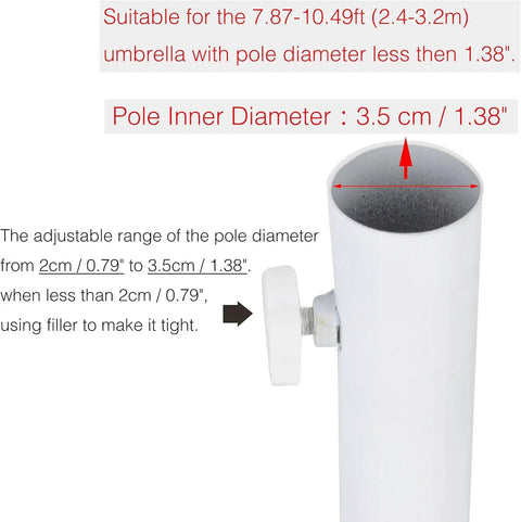 Adjustable Portable Foldable Beach Anchor Base showing center hole diameter of 3.5 cm for various umbrella poles.