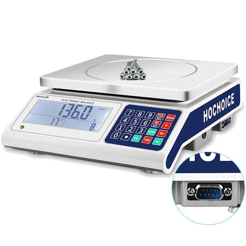 Industrial Counting Scale For Parts And Coins, 66 Lb 30 Kg Capacity, 0.1 G Precision, RS232 Port, counting display and nuts on scale