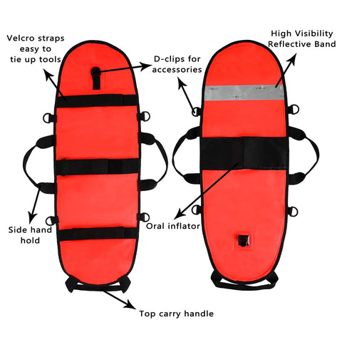Inflatable Dive Float Torpedo Buoy For Scuba Freediving Snorkeling And Spearfishing With Flag And Rope, showing straps and inflator