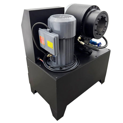 Badass Heavy Duty Electric Hose Crimper With Ironclad Steel Frame And Pro Grade Hydraulic Pipe Press For Bulletproof Seals On Six Mm To Fifty Mm Tubing Using 3600 Kn Force On 220V Power, showing motor and hydraulic components.