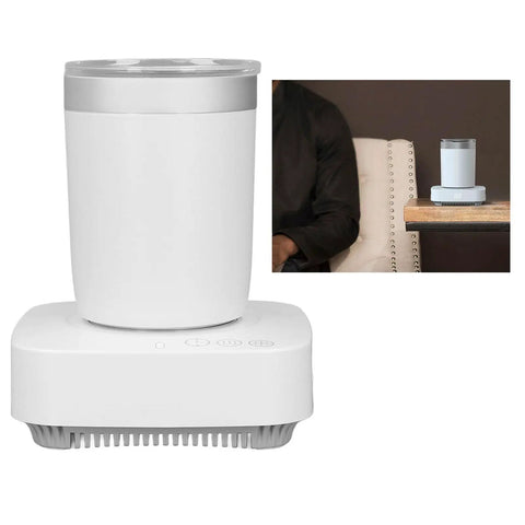 Keep Your Sip Game Strong With This Electric Cup Warmer And Chiller Featuring Three Auto Timer Modes For Piping Hot Coffee Or Ice Cold Drinks Portable Desktop Cooler on white base with insulated vessel.