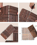Interlocking Walnut Grid Deck Tiles 12 X 12 Inch 9-Piece Set For Patios And Outdoor Decking with assembly instructions and measurements