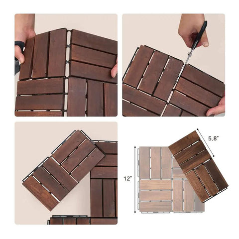 Interlocking Walnut Grid Deck Tiles 12 X 12 Inch 9-Piece Set For Patios And Outdoor Decking with assembly instructions and measurements