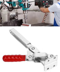 Supercharge Your Workshop Setup With This Hustle Ready Quick Release Vertical Toggle Clamp Equipped With Long Arm And Non Slip Grip Handles For Woodworking Jigs, showing a metal clamp with red rubber grip.