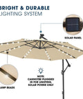 Bright 10ft Solar LED Offset Patio Umbrella with Cantilever Design Beige Shade 32 LED Lights Easy Tilt Adjustment close-up