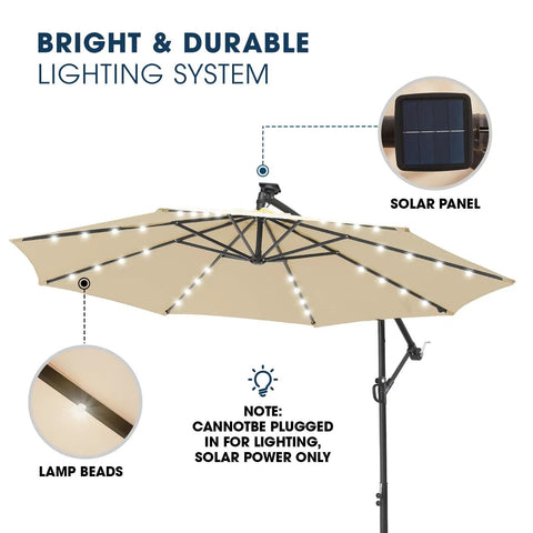 Bright 10ft Solar LED Offset Patio Umbrella with Cantilever Design Beige Shade 32 LED Lights Easy Tilt Adjustment close-up