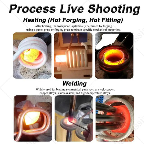 Process images showing the Rock Solid Heavy Duty High Frequency Induction Heater For Metal Heat Treatment And Blacksmithing Projects.