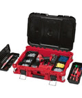 Packout 22 Inch Tool Box With Heavy Duty Latches And Interior Organizer Trays Durable Modular Storage System For Tools Black And Red Versatile Portable Chest For Home Garage And Job Site open with tools inside