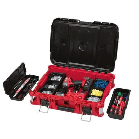 Packout 22 Inch Tool Box With Heavy Duty Latches And Interior Organizer Trays Durable Modular Storage System For Tools Black And Red Versatile Portable Chest For Home Garage And Job Site open with tools inside