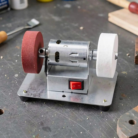 Rock Solid Electric Knife Sharpener Stainless Steel Bench Grinder for Kitchen Tools with red and white grinding wheels.