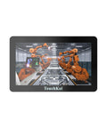 21.5 Inches Industrial Touchscreen Panel PC Running Windows 11 Pro With Intel Celeron J6412 Chipset on factory floor with robotic arms.