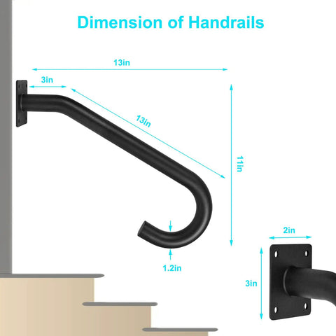 Tough As Nails Wall Mount Hand Rails For 1 To 3 Steps Heavy Duty Grade Steel with 13in length and 11in height for safe stair use.