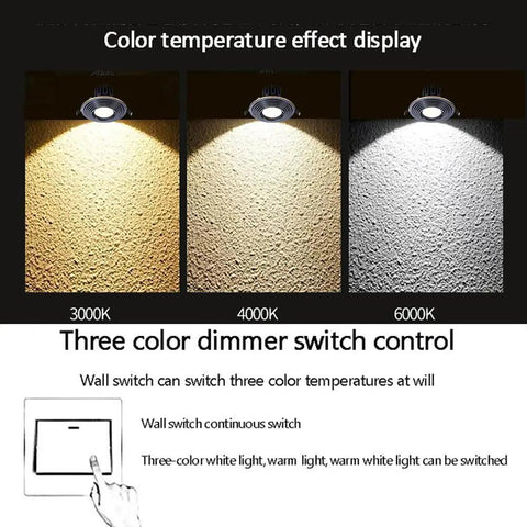 Color temperature effect display for XYIANG 8-Pack Brass Round Dimmable Led Recessed Downlight 7W showing 3000K, 4000K, 6000K options.