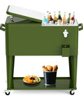 80 Quart Rolling Cooler On Wheels For Outdoor Patio Parties And Bar Events With Bottle Opener Drain Plug And Built In Shelf Green Heavy Duty Insulated Ice Chest For All Day Outdoor Cool Drinks And Easy Transportation