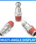 T Style One Quarter Inch NPT Male Automotive Air Plug 20 Pack Heavy Duty Hardened Steel With Nickel Plating in multi-angle view