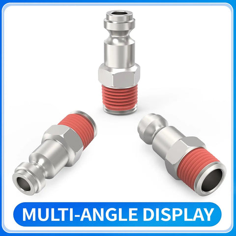 T Style One Quarter Inch NPT Male Automotive Air Plug 20 Pack Heavy Duty Hardened Steel With Nickel Plating in multi-angle view