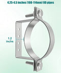 Straight Up Heavy Duty 4 Inch Split Ring Pipe Hanger With Rigid Steel Vent Bracket fits 4.25-4.5 inch pipes, showing dimensions.