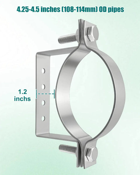 Straight Up Heavy Duty 4 Inch Split Ring Pipe Hanger With Rigid Steel Vent Bracket fits 4.25-4.5 inch pipes, showing dimensions.