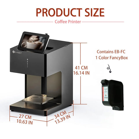 Side view of Dope Latte Art Coffee Printer With Camera EB FC1 For Custom Multicolor Selfie Prints, black, measurements displayed.