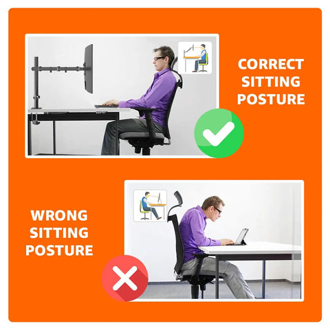Diagram showing correct sitting posture with Single Computer Monitor Stand With Cable Management And Height Adjustable VESA Desk Arm.