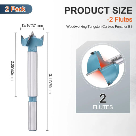 Straight Shooter 13/16 Inch Forstner Drill Bits, 2 Pack Tungsten Carbide Woodworking tool with 21mm diameter and 52mm depth.