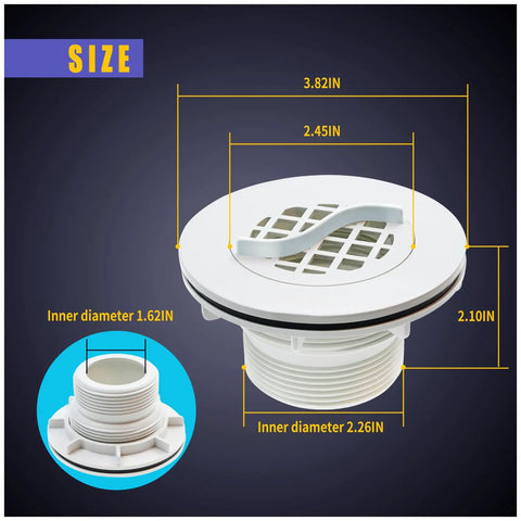 Size dimensions of a Two Pack Threaded Inlet Strainer Kit for Intex Filter Pumps with 1-1/2 inch hoses showcasing inner diameter measurements.