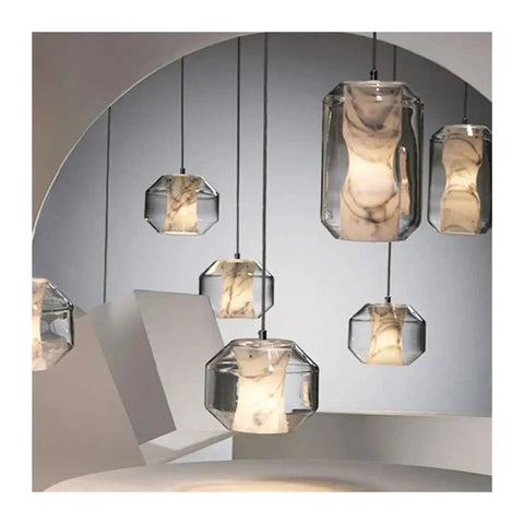 Modern Clear Glass Pendant Light with Marble Pattern Inner Shade, Adjustable Suspended Hanging for Kitchen Island,Warmth in various sizes.