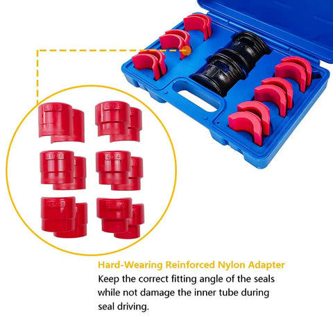 Fork Seal Driver Kit 14 Piece For Motorcycles with 6 adapter sizes, storage box, red nylon adapters for upside-down front forks