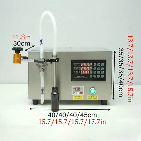 Heavy Duty Stainless Steel Semi Automatic Bottle Filler With Easy Digital Controls And No Sweat Anti Drip Nozzle For Beverages Spirits Oil Plug And Play Commercial Rig displaying digital controls and nozzle.