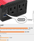 300W Car Power Inverter 12V to 110V AC with dual outlets, red design, close-up view of dual AC outlets and USB ports