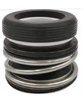 Front view of a mechanical shaft seal for self-priming water pump; black rubber and silver metal rings