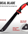 Beast 19 Inch Heavy Duty Machete With Saw Blade And Serrated Edge Rugged Black Coat Ergonomic Non Slip Handle Close-up View