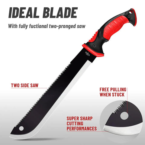 Beast 19 Inch Heavy Duty Machete With Saw Blade And Serrated Edge Rugged Black Coat Ergonomic Non Slip Handle Close-up View