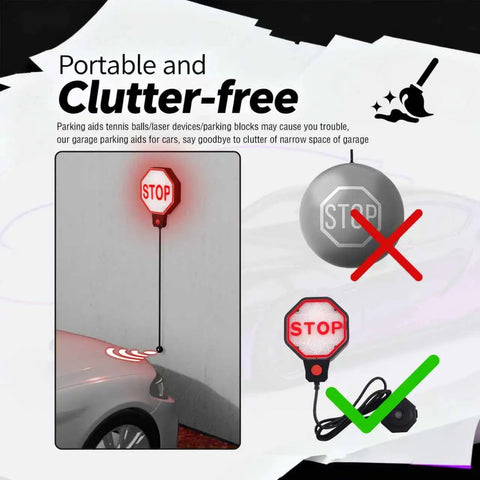 Adjustable LED Garage Parking Sensor With Dual Power Hookups And Glowing Color Coded Warning Lights Portable Car Stop Aid showing a clutter-free stop sign setup.