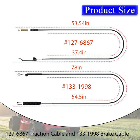 Dual Cable Replacement Kit For Toro TimeMaster Mowers Traction And Brake Cable Set showing cable lengths and models 127-6867, 133-1998.