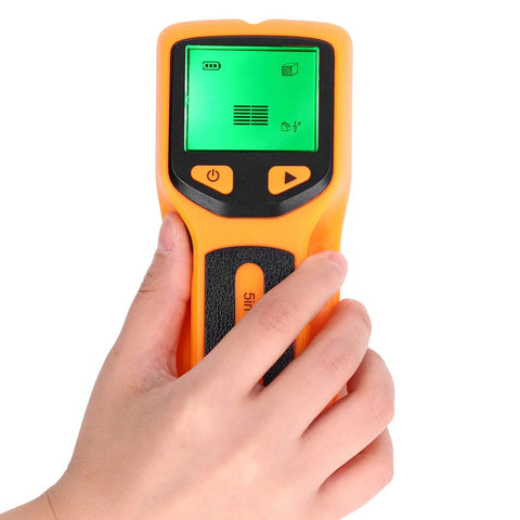 Greensen Stud Finder Wall Scanner 5 in 1 with HD LCD Display for Wood & AC Wire Detection (Yellow) held by a hand.