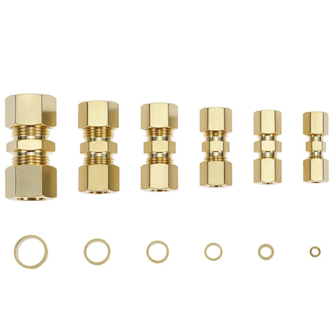 Front view of QWORK 46-piece brass compression tube fittings set (1/8–1/2 in OD) with ferrules