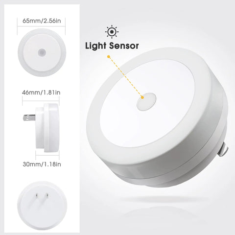 Two Pack Plug In LED Night Lights With Sensor Auto On At Dusk, dimensions shown in diagram