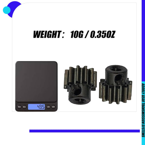 Two Pack 32P 11T 3mm Steel Pinion Gears for Axial Capra SCX10 AX30722 Upgrades next to scale showing 43.5 grams