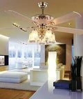 Modern Ceiling Fan With Remote Control And Reversible Wood Blades, Five Frosted Glass LED Light Kit in living room