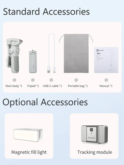 Image showing standard and optional accessories for 8.4 Inch Extendable Smartphone Gimbal With AI Tracking And Gesture Control.
