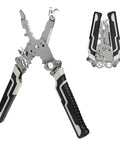 Rock Solid 18 In 1 Wire Stripper Foldable Cable Cutter And Precision Crimping Pliers with black rubber grips, shown open and folded.