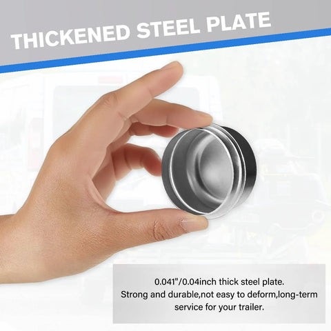 Close-up: Zpana trailer hub dust cap, 1.98-inch steel cover held in hand