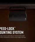 Atrium 4 Weatherproof Outdoor Speakers With Big Bass All Weather Durability And Wide Sound Coverage For Patios And Backyards Easy One Click Speed Lock Mounting System For Quick Vertical Or Horizontal Install Black Pair mounted on ceiling