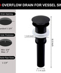 Matte Black Pop Up Vessel Sink Drain Without Overflow One And Three Quarters Inch Drain Opening Universal Fit For Most Vessel And Undermount Sinks Slick Bathroom Upgrade, with dimensions and compatibility guide