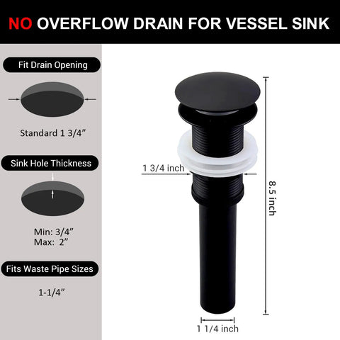 Matte Black Pop Up Vessel Sink Drain Without Overflow One And Three Quarters Inch Drain Opening Universal Fit For Most Vessel And Undermount Sinks Slick Bathroom Upgrade, with dimensions and compatibility guide