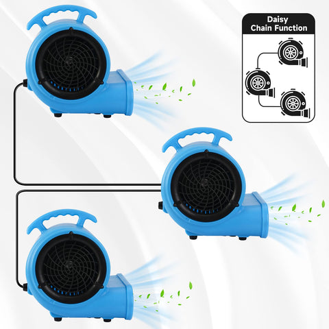 Three blue Half HP Carpet Dryer Fans with 2600 CFM Air Blower, showing daisy chain setup, ETL listed, portable with 15 ft cord